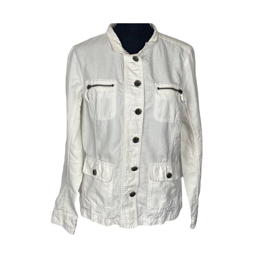 EDDIE BAUER Women Linen Blend Button Front Collared Jacket Sz L White Classic